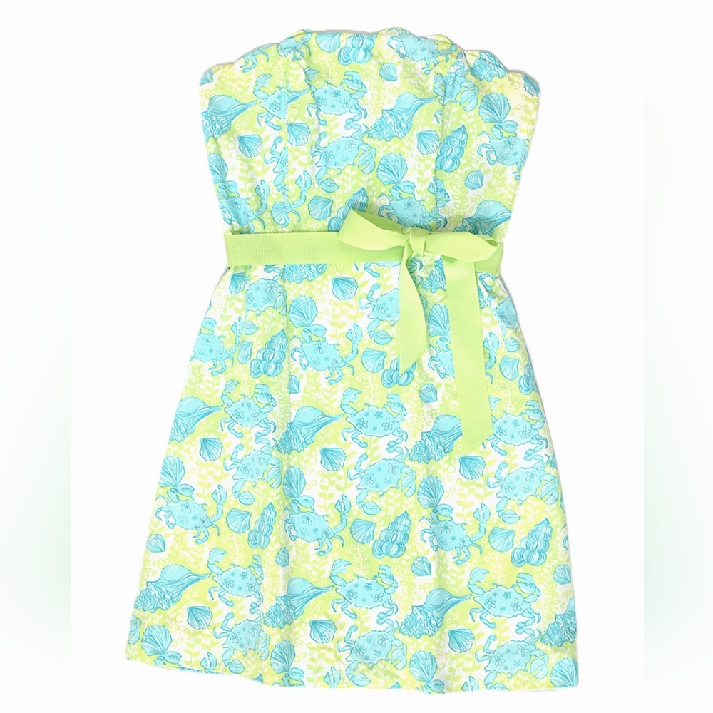 Vintage Y2K Lilly Pulitzer Seashell Crab Strapless Dress Green Pastel Sz 6 Beach